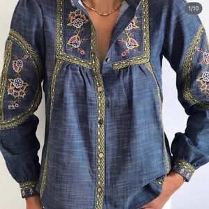 Esq Floral Embroidered Denim Blouse